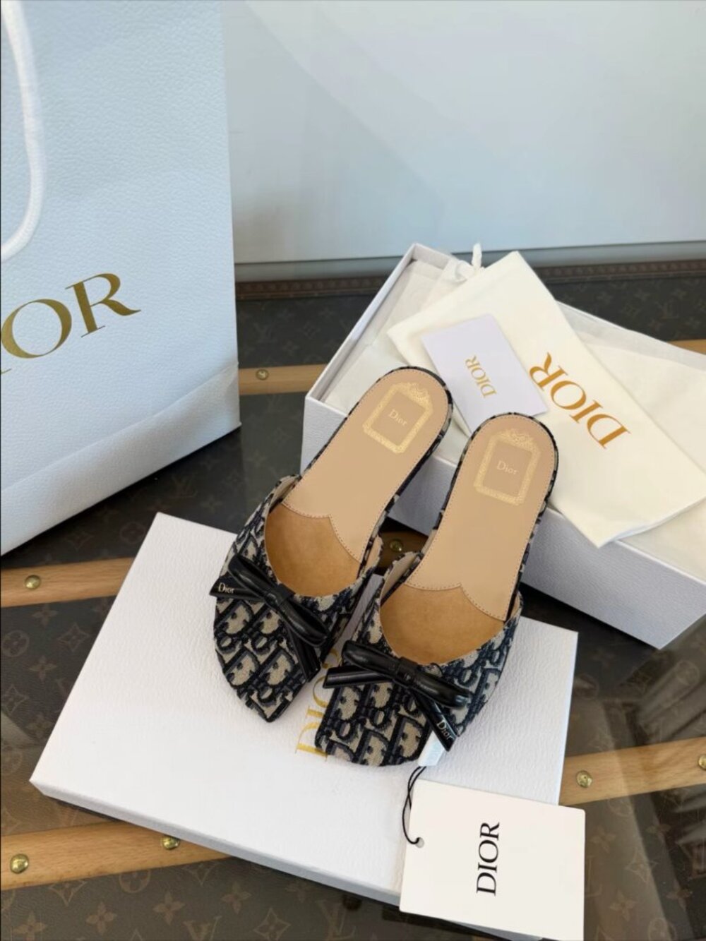 Dior Square Toe Oblique Print Bow Slide Sandals
